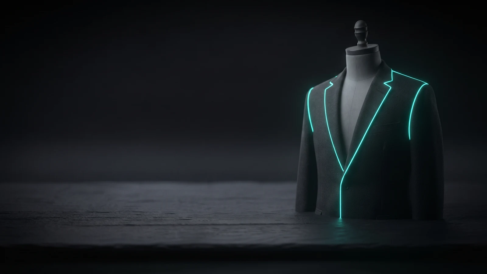 Maniquí de sastre sobre pizarra oscura con una chaqueta oscura cuyas solapas, hombros y botonadura están trazados por finas líneas de luz teal; amplio espacio vacío a la izquierda.