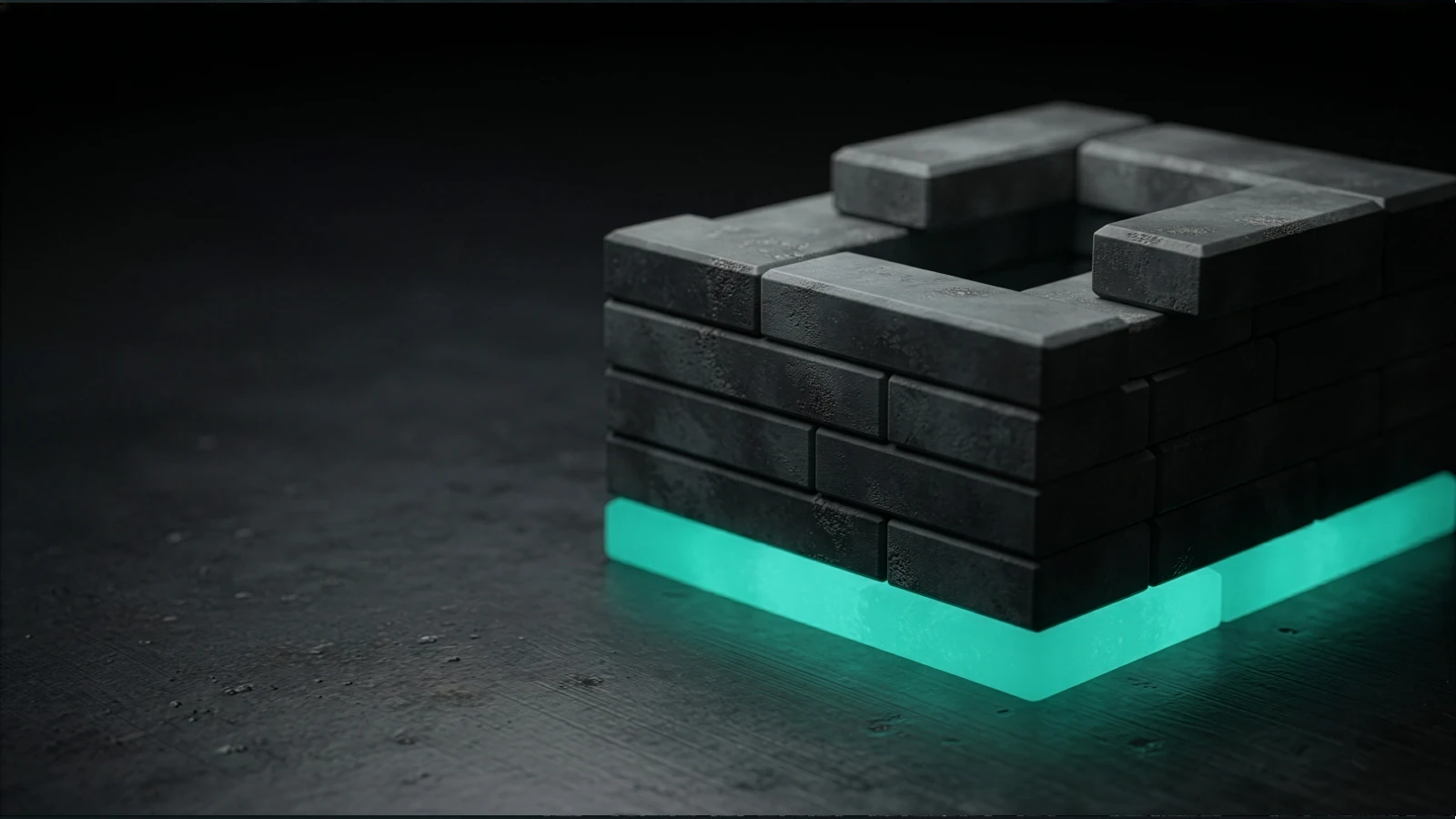 Una pequeña construcción de bloques de piedra oscuros apilados por hileras sobre un piso oscuro; la hilera base emite luz teal, como un cimiento iluminado, con amplio espacio negativo a la izquierda.
